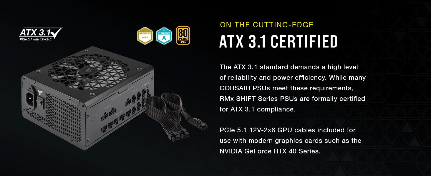 Блок живлення Corsair RM1000x Shift 1000W, ATX 3.1, PCIe 5.1, 80 Plus Gold, повністю модульний, чорний