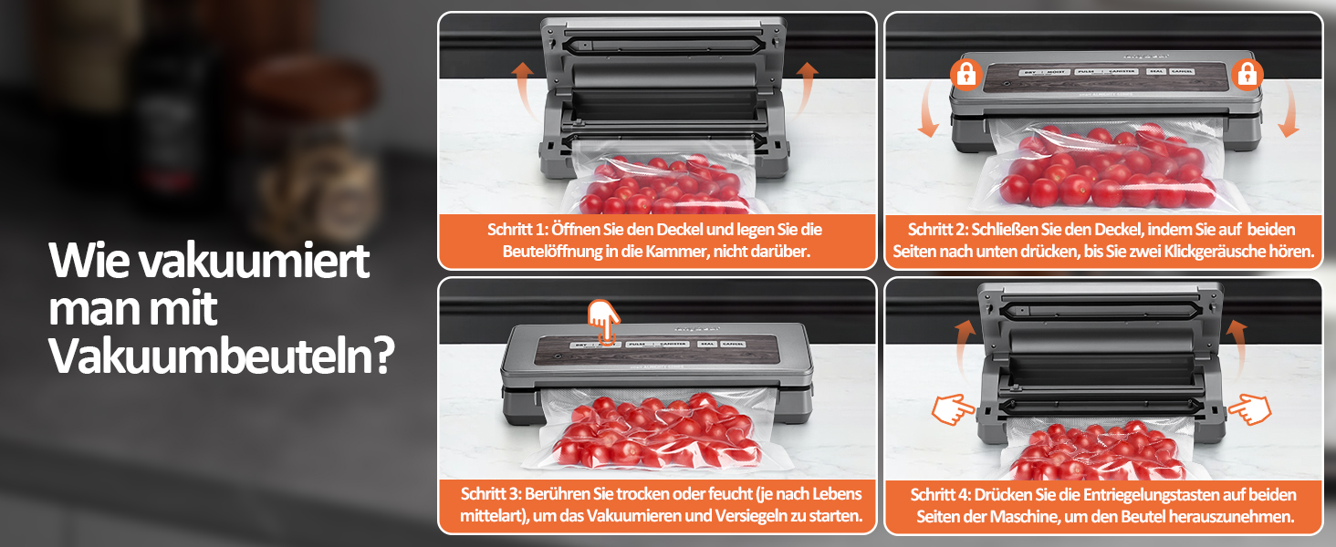 Вакуумний пакувальник 90 kPa, 100 W, широка зона запаювання, для зберігання продуктів, вбудований ніж, місце для рулонів, цифровий таймер, 2 рулони (сірий)