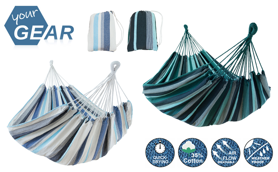 Гамак yourGEAR Cebu XXL 220x160 см (Зелений/Аква) до 300 кг, бавовна, для двох осіб + сумка для зберігання