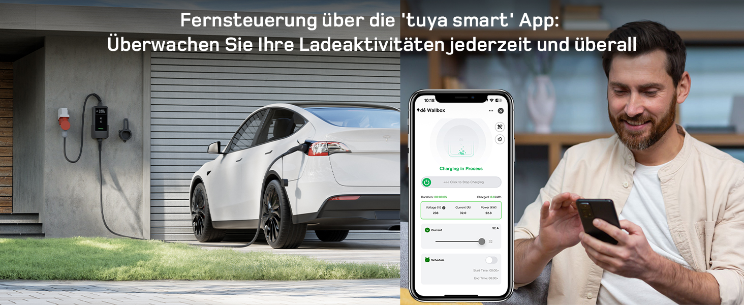 Зарядна станція для електромобілів Dé 11 кВт (3 фази, 6-16A) з регульованою потужністю, кабель CEE 16A - Type 2, сумісна з Model Y/3, ID.3/4/5, MG4, EX30, e-up, e-tron та BEV/PHEV, комплект 7м