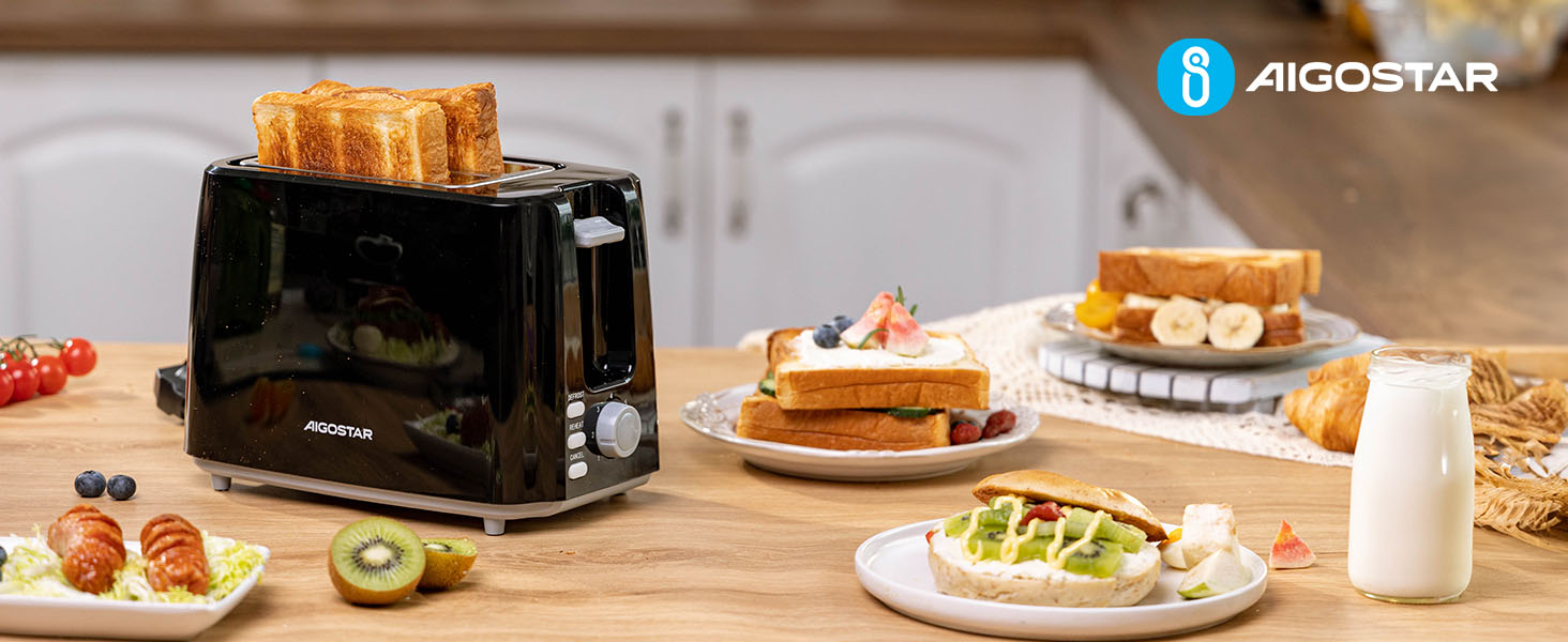 Тостер Aigostar 750W з 7 рівнями підсмажування, функціями розморожування та підігріву, 2 слоти для тостів, чорний