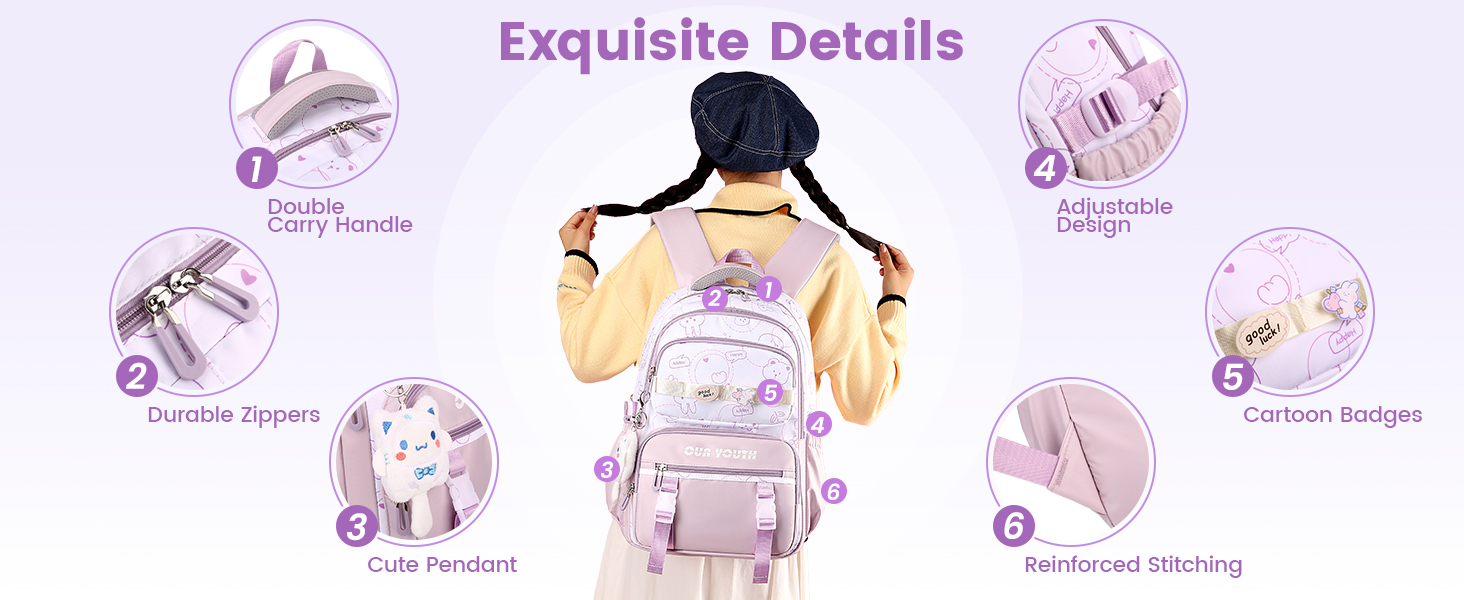 Дитячий рюкзак IvyH для дівчаток: водонепроникний, велика місткість, 2-6 клас, для школи, гімназії, університету, фіолетовий