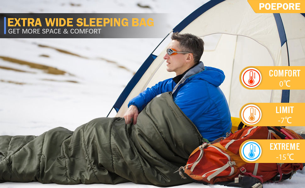Спальний мішок Poepore Outdoor Winter для дорослих, Extra Wide, 3-4 сезони, XXL, теплий бавовняний фліс, 230*100см, 0°C