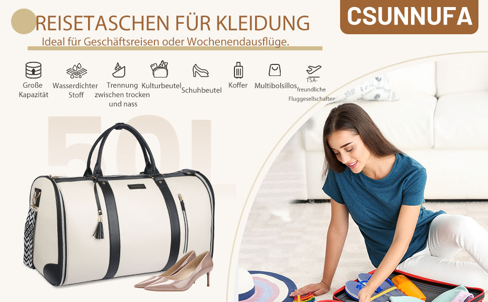 Сумка-органайзер для подорожей 50 л, 2-в-1: сумка та водонепроникне взуття з антизминальним системою для жінок та чоловіків – ідеально для ділових поїздок та відпочинку (Бежевий)