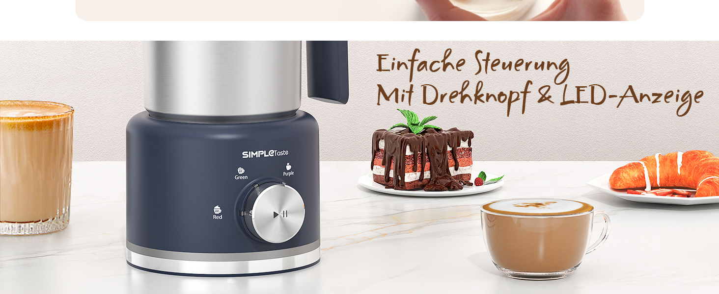Електричний спінювач молока SIMPLETASTE 4-в-1: гарячий та холодний спінений молок, підігрів молока та какао, антипригарне покриття, автоматичне вимкнення, тиха робота, BPA-free, для капучіно та лате (можна мити в посудомийній машині, насадка-міксер у комплекті)