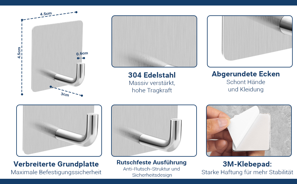 Набір гачків для рушників без свердління 6 шт. з нержавіючої сталі для ванної кімнати та кухні, самоклеючі, до 10 кг, вологостійкі, срібні