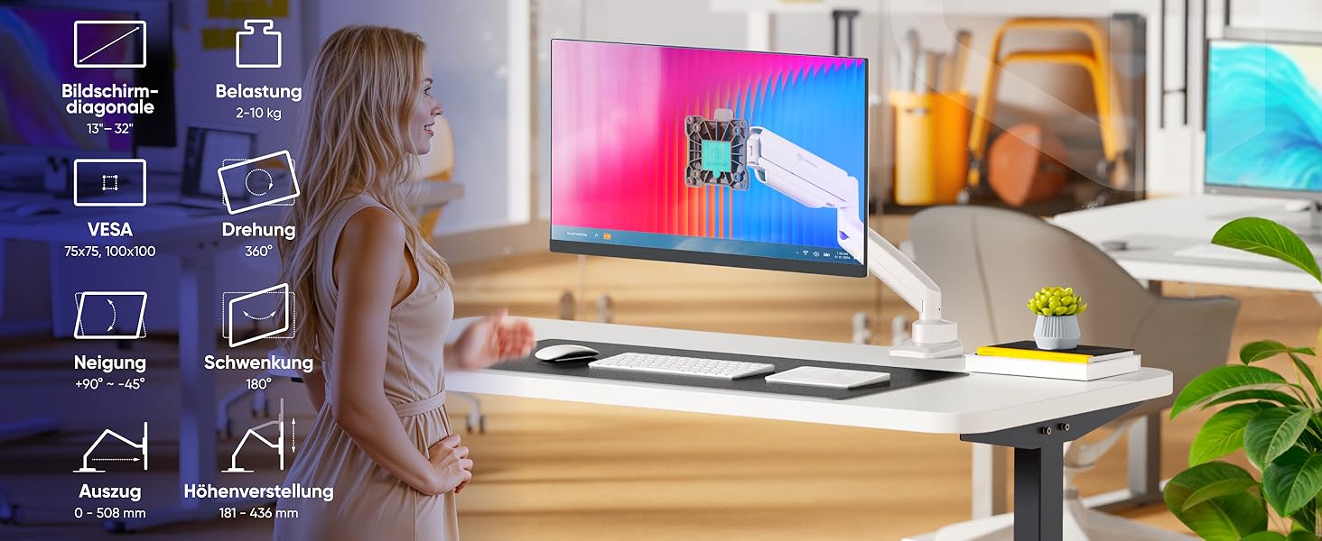 Кронштейн для монітора ONKRON G80-BW з газліфтом, для екранів 13-32 дюймів до 10 кг, VESA 75x75 / 100x100, регулювання висоти та нахилу, біло-чорний