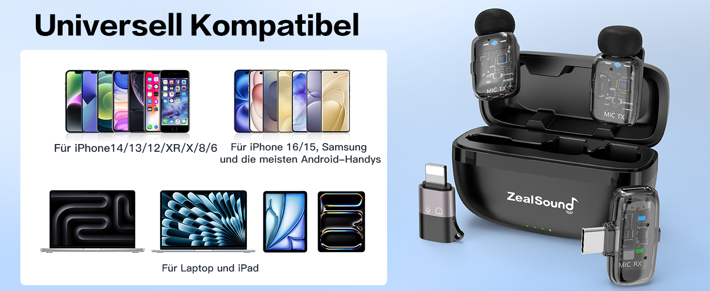 Мікрофон ZealSound M6 бездротовий для iPhone, Android, iPad: USB-C/Lightning, шумозаглушення, 33 години роботи, 100м, для Vlogging, TikTok, Podcast, YouTube, чорний/прозорий