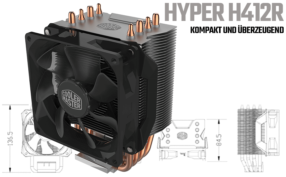 Кулер для CPU Cooler Master H412R з 4 тепловими трубками (180 Вт), 92 мм вентилятор (PWM), сумісний з AMD та Intel