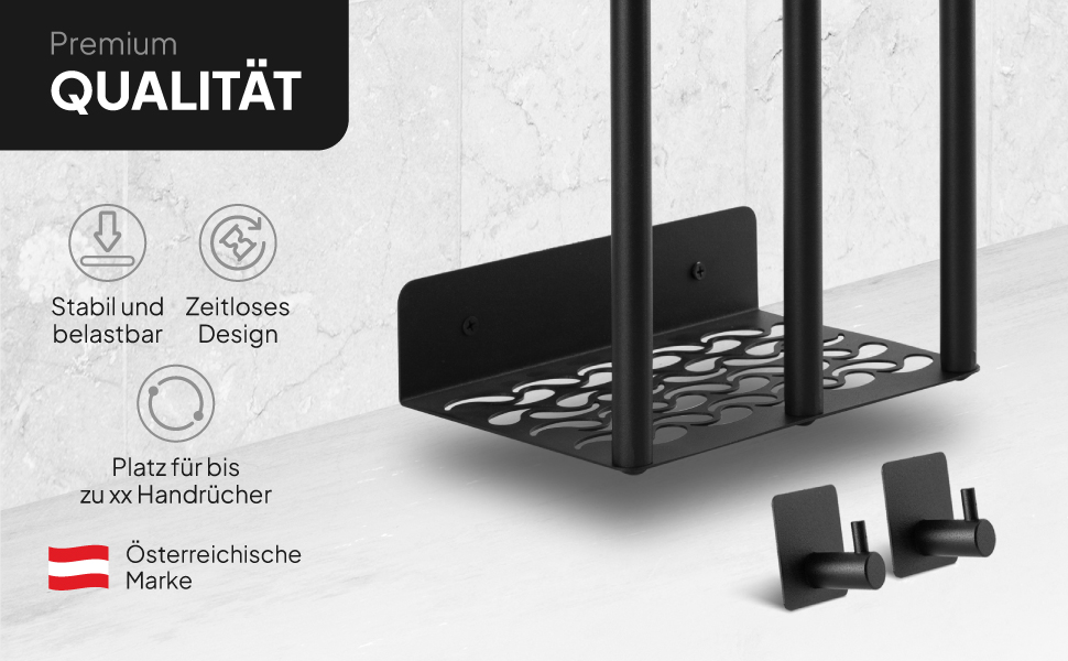 Тримач для рушників на стіну без свердління, чорний, 72,5 см - металева полиця для рушників у ванну кімнату, самоклеюча, для великих та маленьких рушників