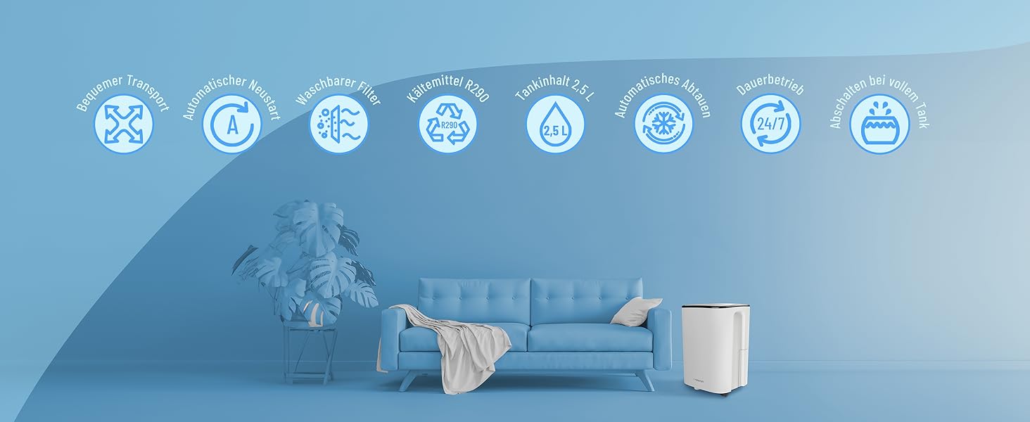 Noaton® DF 4212: Електричний осушувач повітря 13,2 л/24г з відводом, автовимкненням, тихий, для 45 м², таймер, бак 2,1 л, для квартири, підвалу