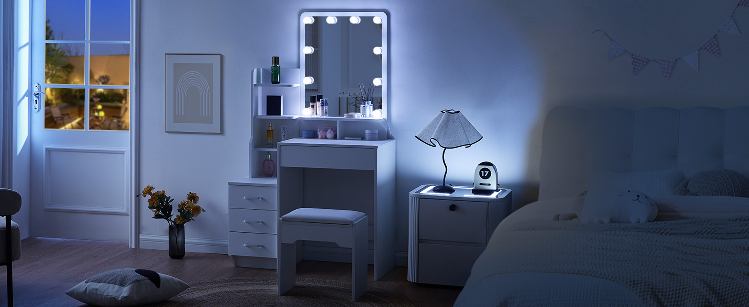 Туалетний столик CLIPOP білий з дзеркалом і LED підсвіткою, 5 шухляд, 4 відкриті полиці, стілець, 80x40x130 см