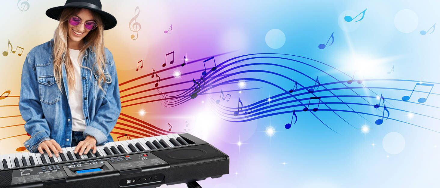 MUSTAR 61-клавішна клавіатура-піаніно для початківців, цифрова клавіатура з підсвічуванням, динаміками, стійкою, табуретом, навушниками, мікрофоном, підставкою для нот, 300 звуків та уроками гри, чорний колір