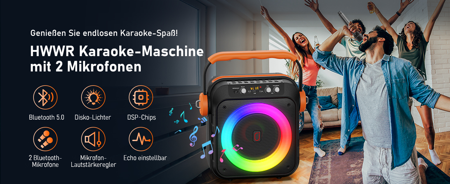 Караоке машина MS80 з 2 мікрофонами, портативна колонка з LED-підсвіткою, Bluetooth, USB/TF-карта, AUX/FM, система PA, TWS