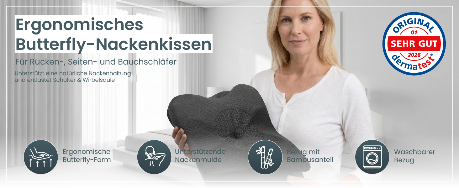 Ортопедична подушка для шиї Gentle North з ефектом пам'яті (Memory Foam), універсальна для будь-якої пози сну, зі знімним чохлом з бамбука, сіра