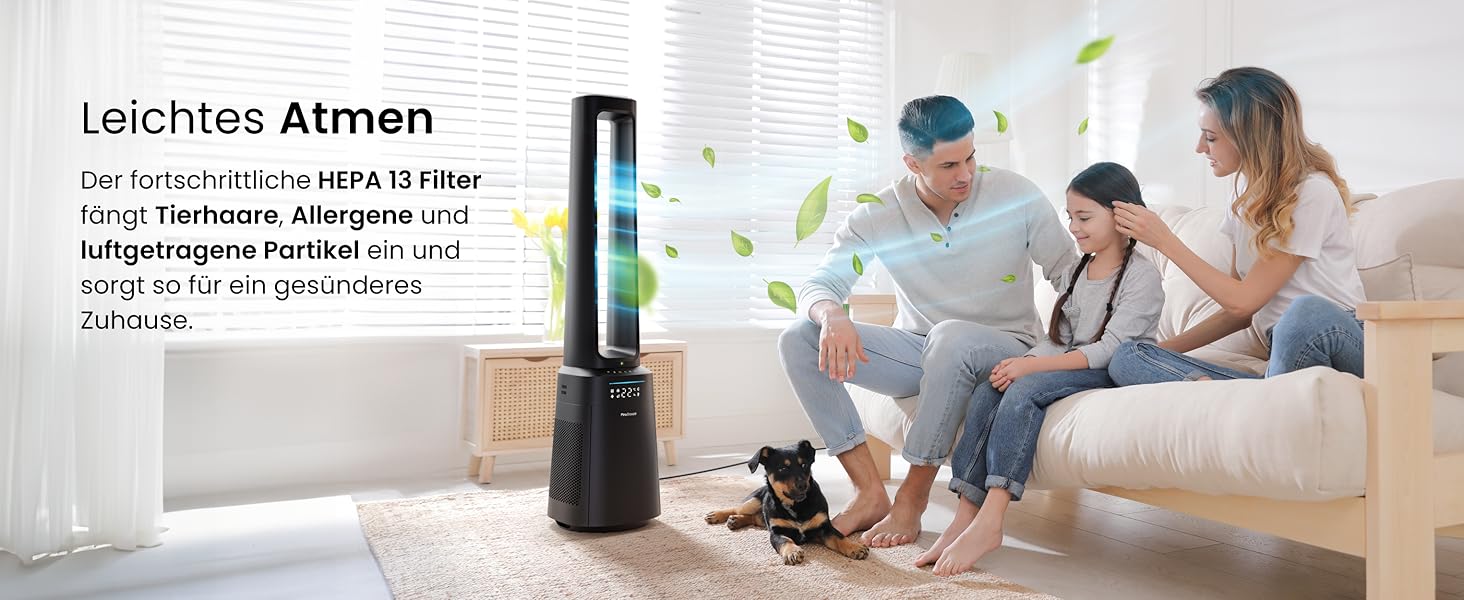 Вентилятор Pro Breeze OmniAir з очищувачем повітря, 105 см - безшумний, з HEPA 13 фільтром, LED дисплеєм, пультом керування, 10 швидкостей, 5 режимів, чорний