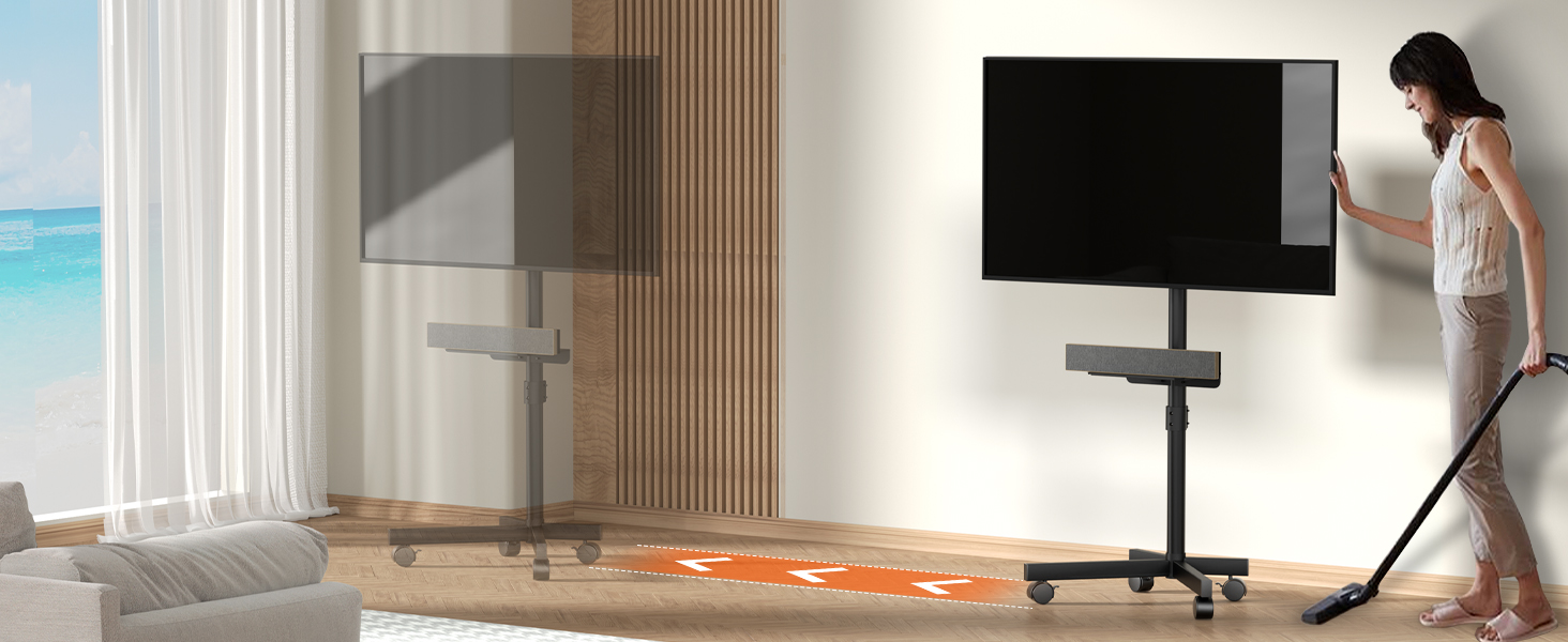 Підставка для телевізора на колесах для 23-60 дюймів - регульована по висоті, мобільна, з полицею для медіа, для офісу, вітальні, геймінгу, витримує до 40 кг, VESA до 400x400 мм, чорна