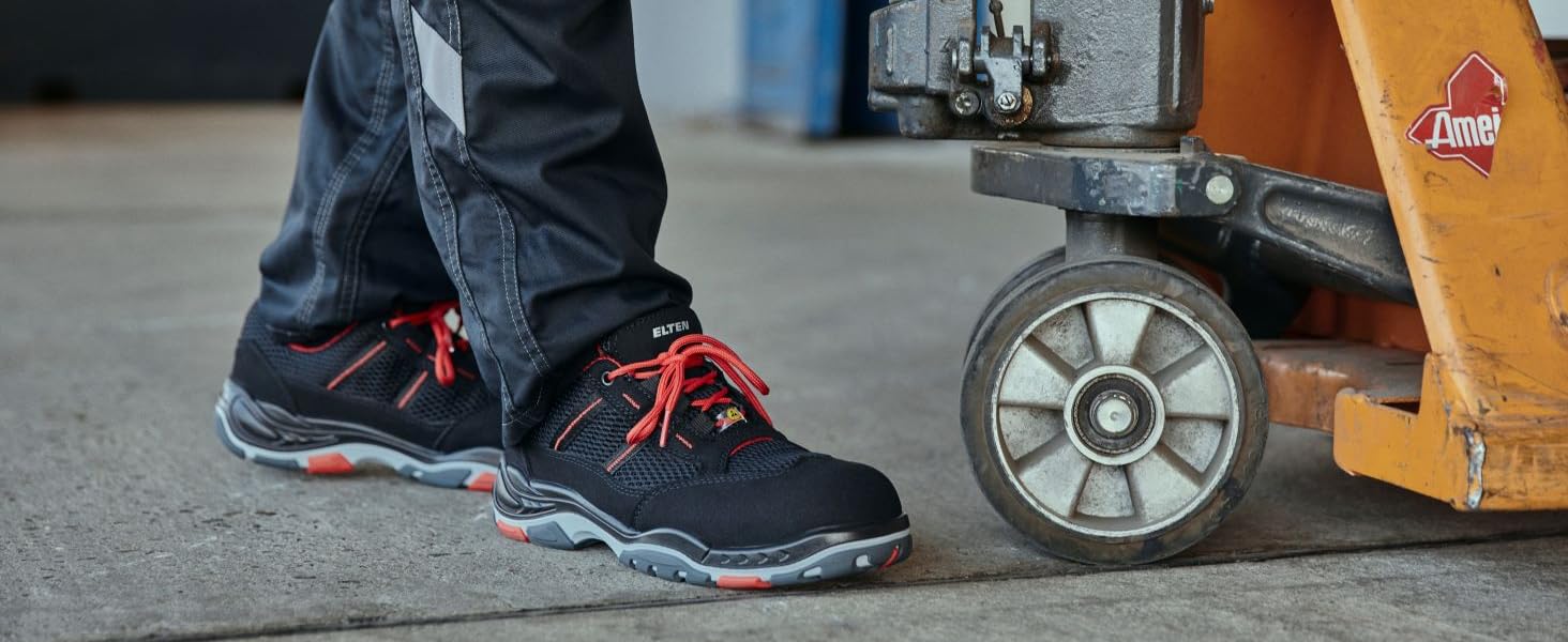Робочі черевики ELTEN MAVERICK чорно-червоні Mid ESD S3, чоловічі та жіночі, шкіряні, з металевим носком, легкі, спортивні, розмір 40 EU