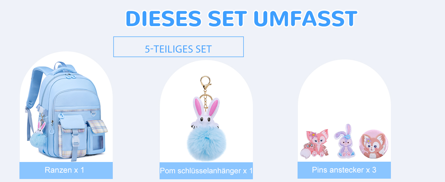 Шкільний рюкзак для дівчаток, водонепроникний та дихаючий, для 1-5 класів з відділом для ноутбука, рюкзак для дівчаток + ізольована ланч-торбинка + пенал, блакитний (світло-блакитний)