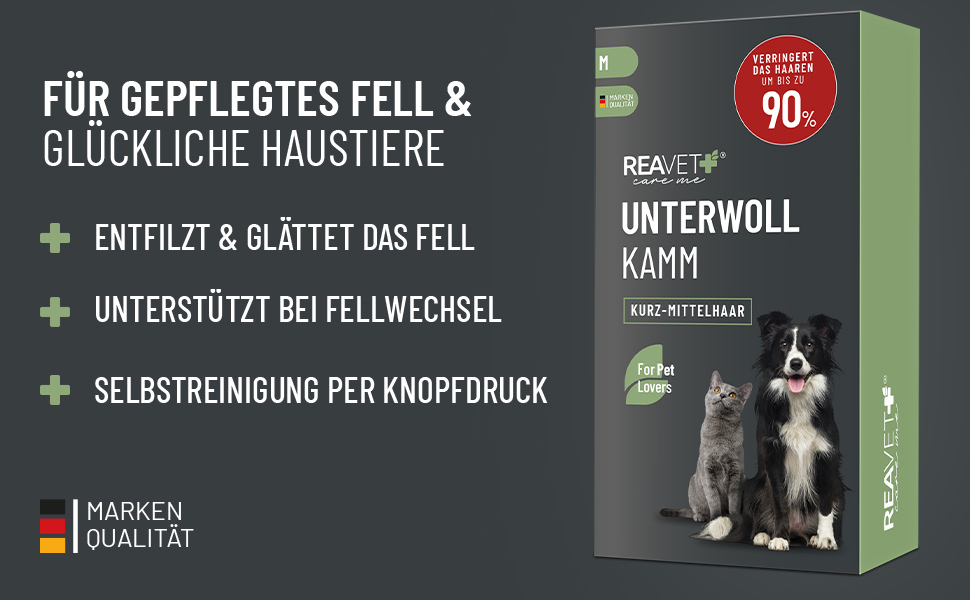 Гребінець для вичісування підшерстка ReaVET для собак та котів з короткою шерстю, середніх порід. Видаляє підшерсток, доглядає за верхнім шаром шерсті, з функцією самоочищення. Ідеально для сезонного линяння.
