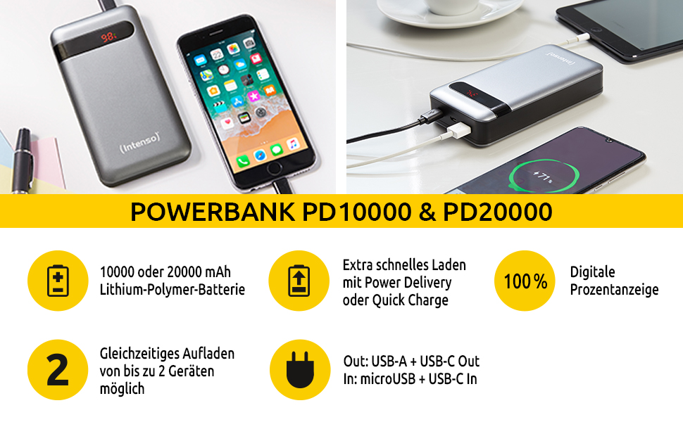 Powerbank Intenso Powerbank PD 20000mAh: Швидка зарядка, 20000mAh, сумісний зі смартфонами, планшетами, MP3-плеєрами та цифровими камерами, Anthrazit