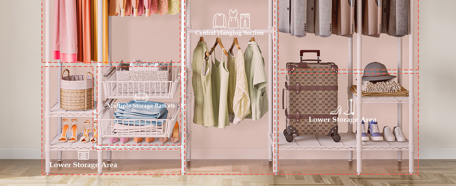 Важкий металевий вішак для одягу, розширюваний відкритий гардероб з 2 висувними кошиками, (249-297) x 40 x 192 см, білий