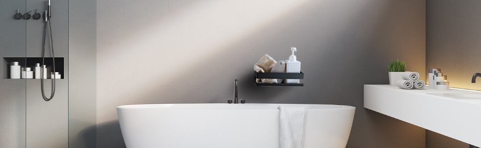 Регульована поличка для душу YIGII з нержавіючої сталі, чорна, 4 яруси, без свердління, з тримачем для зубних щіток, 63.5–290 см