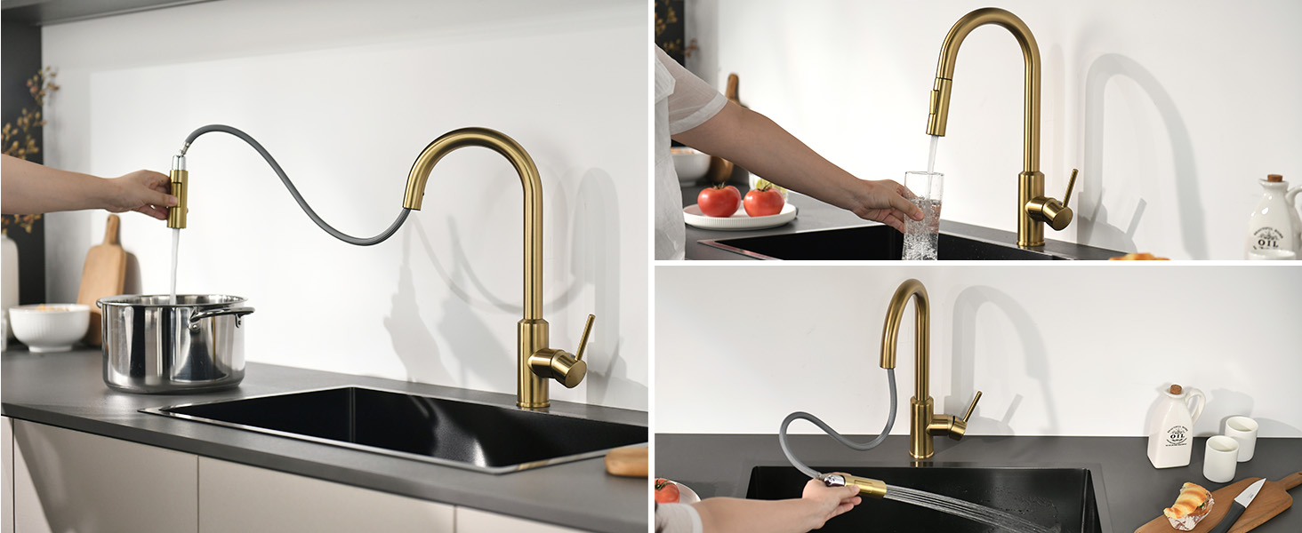 Змішувач кухонний з висувною лійкою та душовою насадкою, поворотний на 360°, 2 режими, нержавіюча сталь (золотий)