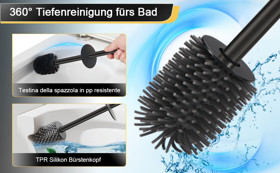 Підлогова щітка для унітазу DAZI, чорна матова, з 2 щітками для глибокого очищення, захист від бризок та засмічень
