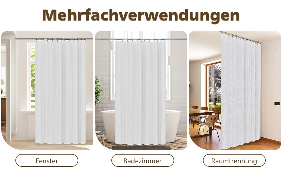 Штора для душу текстильна водонепроникна поліестер 180x200 см, біла з кільцями