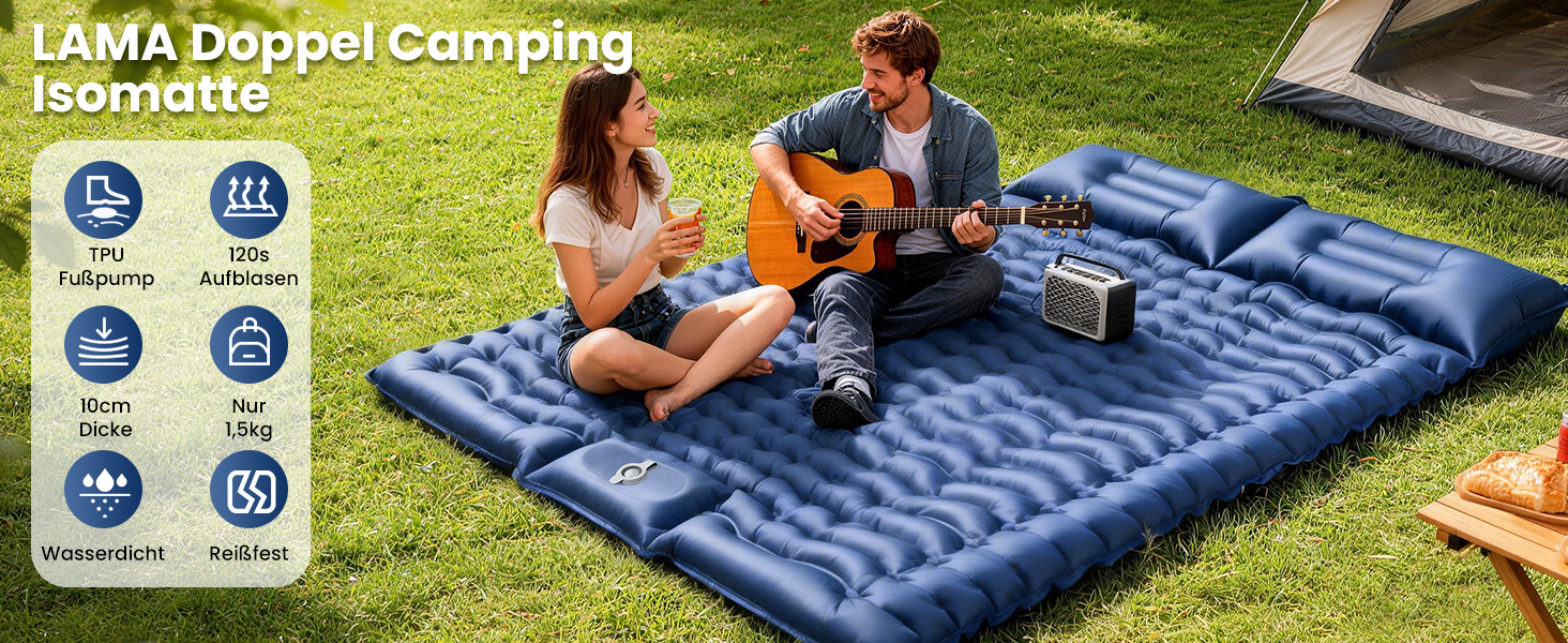 Надувний килимок для кемпінгу LAMA Doppel 200x140x10 см для двох осіб з помпою та подушкою, блакитний