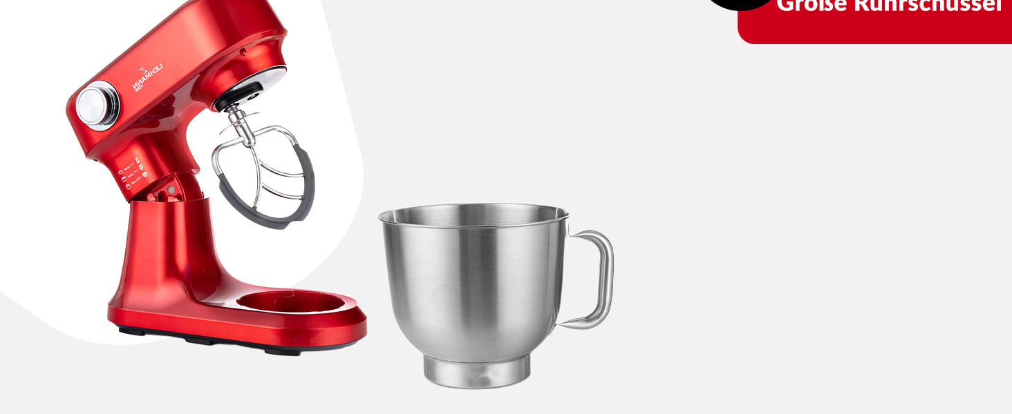 Кухонна машина LEHMANN 1500W з набором аксесуарів, планетарний міксер з чашею 5л, 12 швидкостей, захист від перегріву, червоний