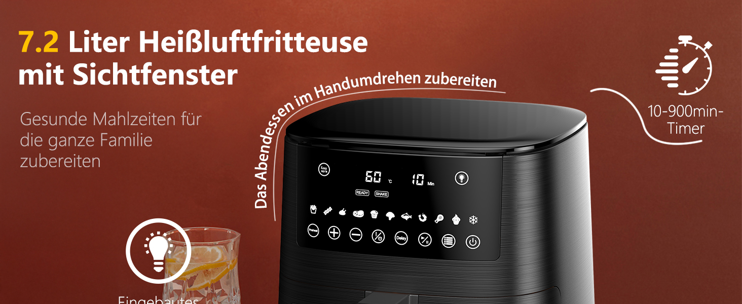 Фритюрниця повітряна Airfryer 7.2L, 11-в-1 з вікном, функція підігріву, розморожування, нагадування про струшування та таймер, здорова без олії, приготування з низьким вмістом жиру