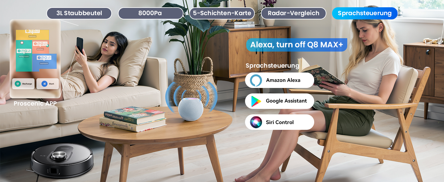 Робот-пилосос Proscenic Q8 Max+ з функцією миття, 8000Pa, 200 хвилин роботи, 3L пилозбірник, Lidar-навігація, уникнення перешкод, керування через додаток та голосове управління, для твердих поверхонь та килимів