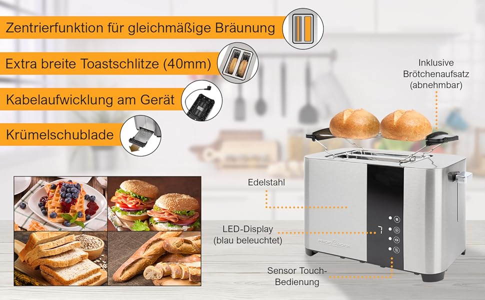 Тостер ProfiCook PC-TA 1250 Inox з сенсорним дисплеєм: 2 слоти, нержавіюча сталь, 850 Вт, 7 рівнів підсмажування, підставка для тостів, висувна кришка для крихт, згортання кабелю