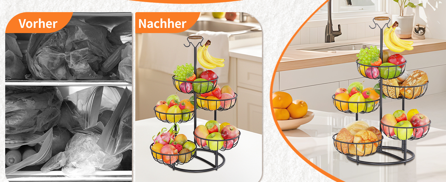 Багатоярусна підставка для фруктів PouHenier.jh – 5 ярусів, чорний колір, з тримачем для бананів. Металева підставка для фруктів та овочів, органайзер для кухні