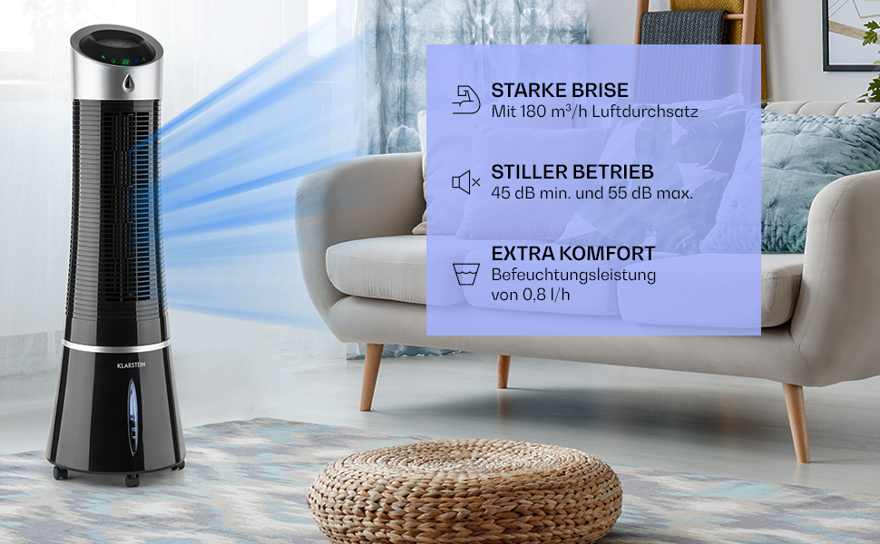 Кларуштейн Охолоджувач повітря Klarstein Skyscraper Ice, 5-в-1: охолоджувач, зволожувач, вентилятор, очищувач повітря, нічний режим, 45 Вт, 180 м³/год, 6 л, чорний