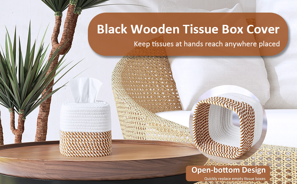 Стильна дерев'яна коробочка для серветок Rarapop – кубічна форма, бавовна, джут, білий колір, декор для ванної кімнати та офісу