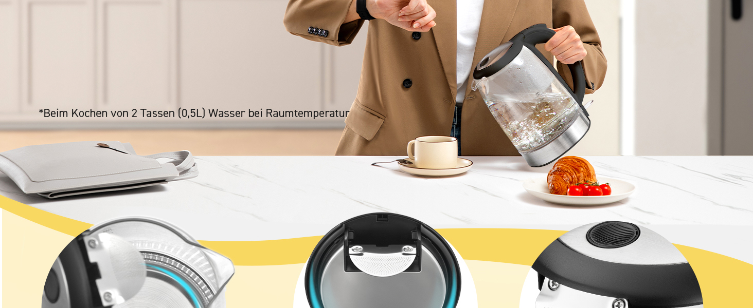 COSORI Glass Kettle, 1.7 Liter, Blue LED, BPA-Free, 2200 Watt, 5-Minute Boil Time, Overheat Protection, 360° Swivel, Kettle made of Borosilicate Glass with Stainless Steel Bottom and Filter