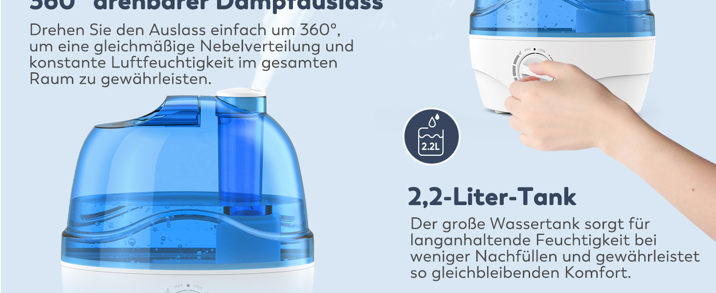 Зволожувач повітря 2.2L для спальні з обертовою насадкою 360°, тихий 28dB, автовимкнення, до 24 годин роботи, легкий у чищенні, для кімнати, дитячої кімнати, рослин