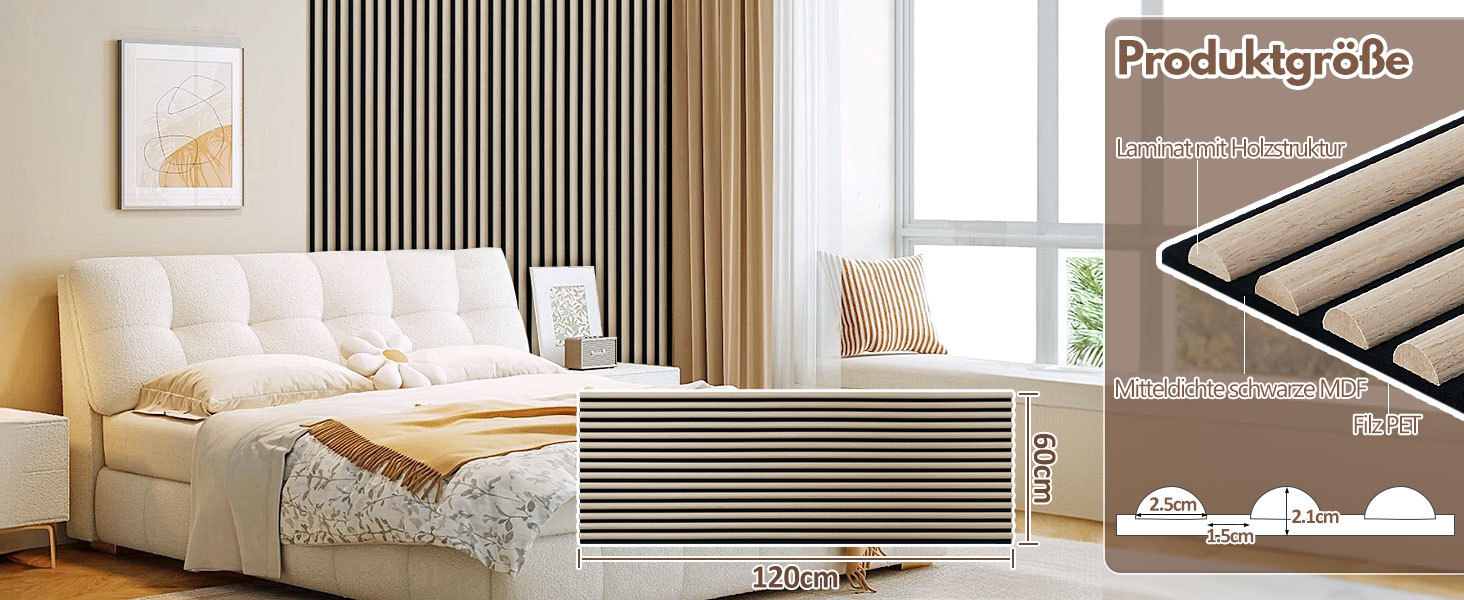 Акустичні панелі з дерева та фетру 120x60 см, білий дуб — звукопоглинаюча стіновая облицювання для покращення акустики приміщення, набір 2 шт