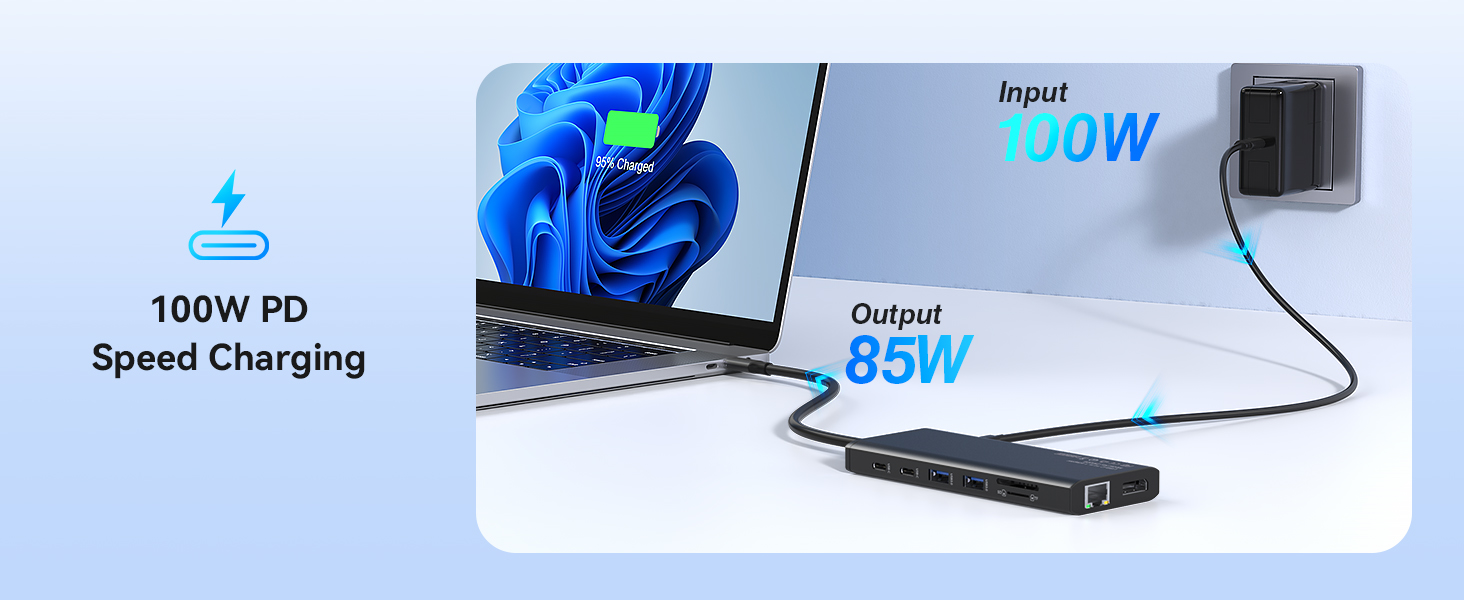 Док-станція USB-C з підтримкою двох моніторів та трьох дисплеїв, 14 в 1 для ноутбуків Dell, HP, Lenovo та інших, з 2x 4K HDMI, DisplayPort, Ethernet, 4x USB, 100W PD, USB-C Data, SD/TF, Audio/Mic (Чорний)