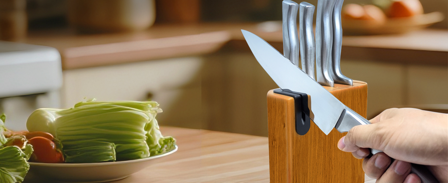 Fimaten 6-Piece Wooden Knife Block Set - Kitchen Knife Set with Chef's Knife, Santoku Knife, Bread Knife, Fruit Knife, Utility Knife & Sharpener