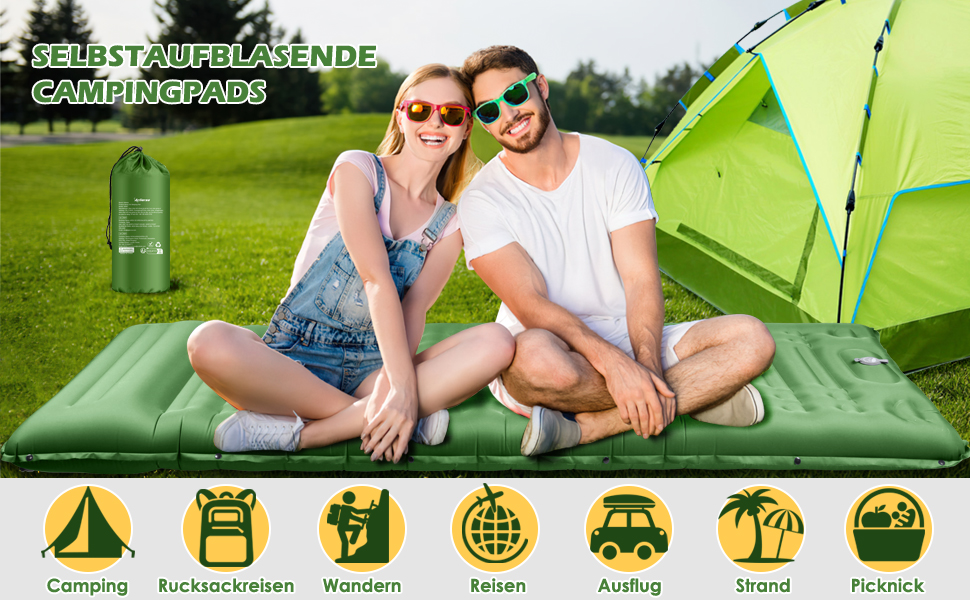 Надувний матрац Isomatte 12 см для кемпінгу з насосом та подушкою, зелений. Анти-розривний, портативний, для туризму, подорожей, пляжу