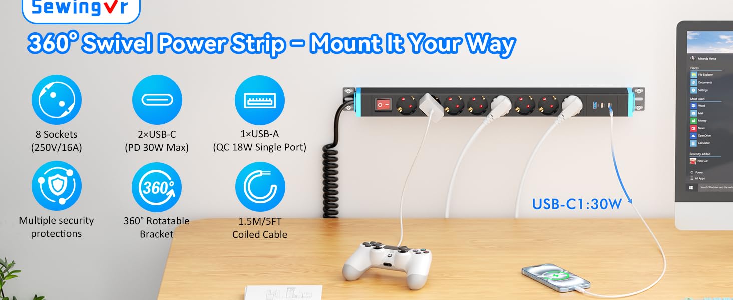 Мережевий фільтр із захистом від перенапруги, 10 розеток, поворотний на 360°, для стін, 1.8м, 16A/4000W, для офісу та дому, чорний