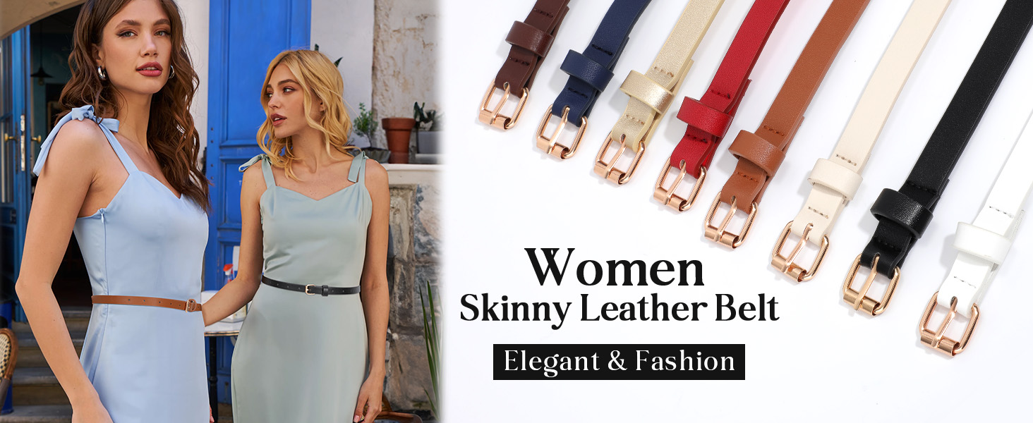 LEACOOLKEY Набір з 4 тонких шкіряних жіночих ременів для суконь та джинсів з золотою пряжкою (100 см) - чорний, коричневий, синій, бежевий