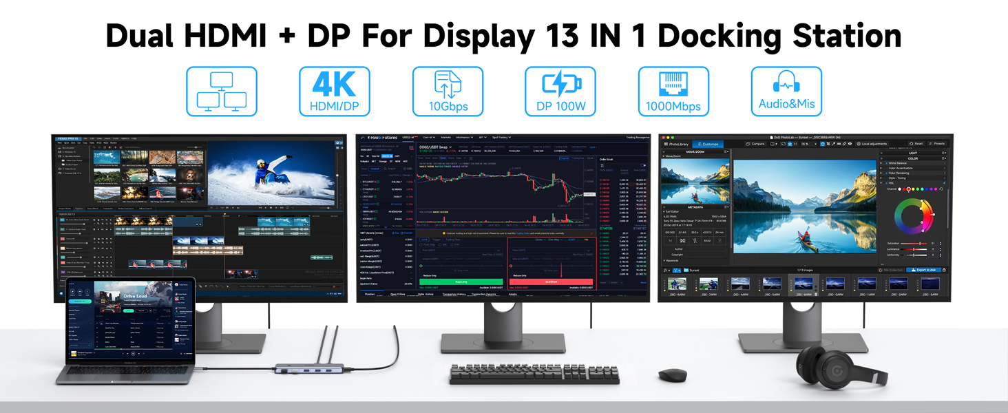 Док-станція USB C 13 в 1 для трьох моніторів: Dual HDMI 4K, DisplayPort, 10G USB 3.1, Ethernet, PD 100W, аудіо/мікрофон, сірий
