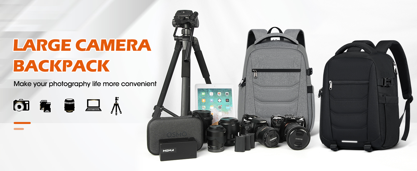 Рюкзак для фотокамери RAINSMORE – великий рюкзак для фотокамери, сумісний з Nikon, Canon, Sony, з відділенням для ноутбука 15.6 дюймів, чорний
