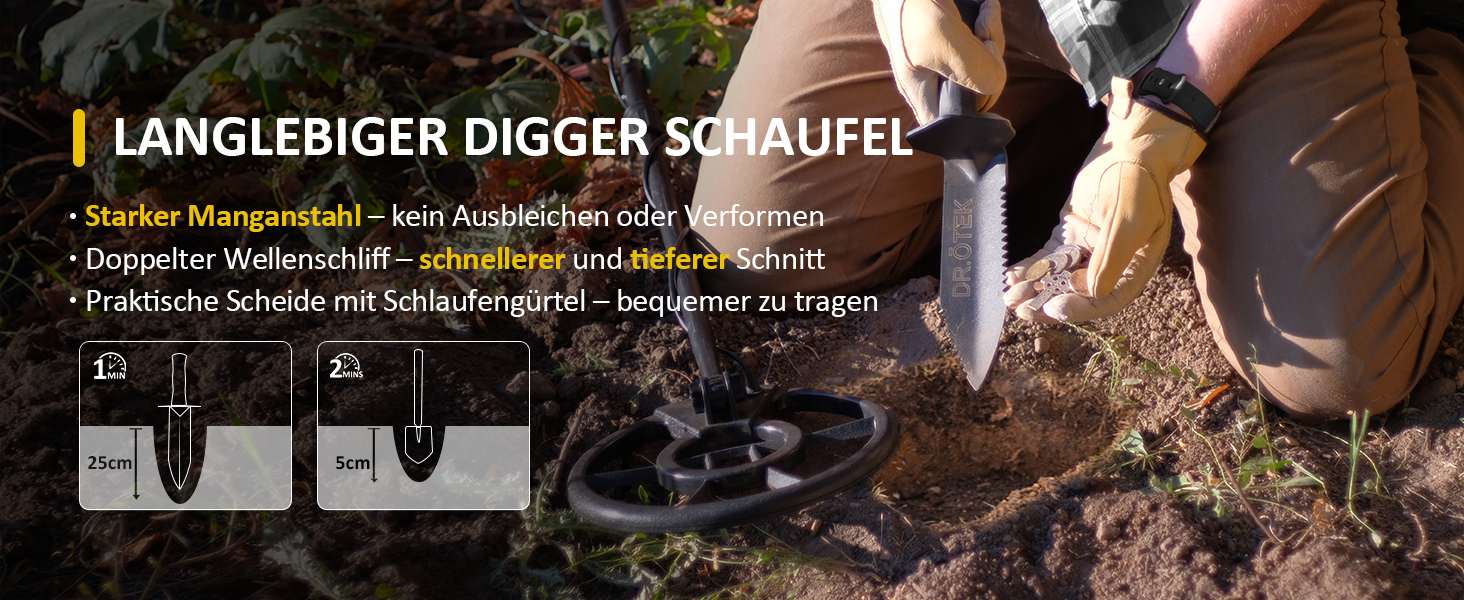 Металодетектор DR.ÖTEK Profi Set: легкий, для дітей та дорослих, з точним визначенням місця знахідки, режимами пам'яті та водонепроникною котушкою, 5 режимів, висока точність, комплект з лопаткою