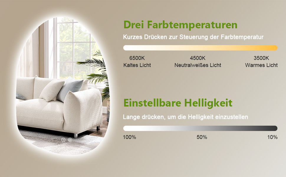 LED дзеркало для ванної кімнати з підсвічуванням 70x50 см, холодне біле світло 6000K, енергозберігаюче, диммування, проти запотівання